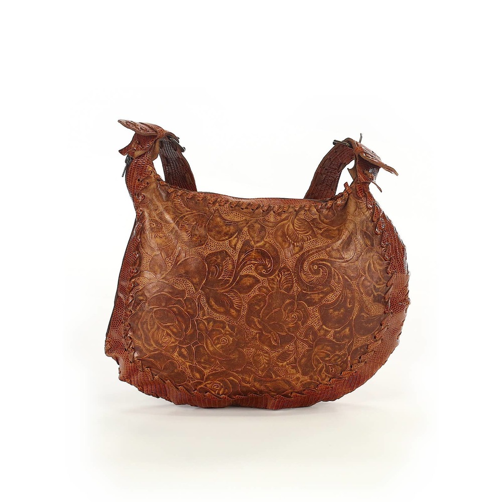 ❤️‍ Vintage Carla Mancini Brown Leather Raised Floral Motif Shoulder Bag Y2K
